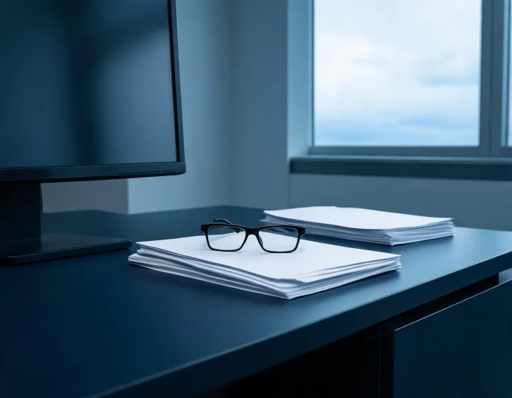 Independent sourcing desk reviewing computer reading glasses briefs