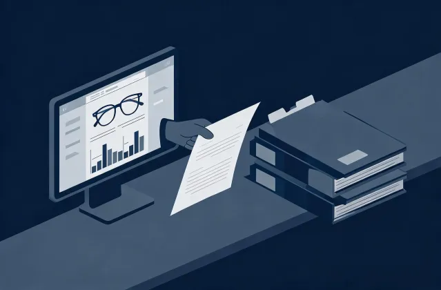 Illustration of a computer reading glasses specification brief handing off to quotation folders