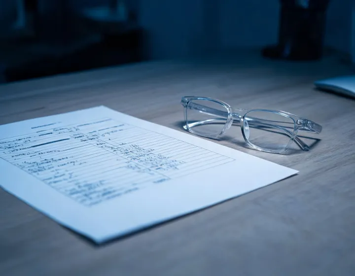 Unlabeled computer reading glasses beside a written procurement brief