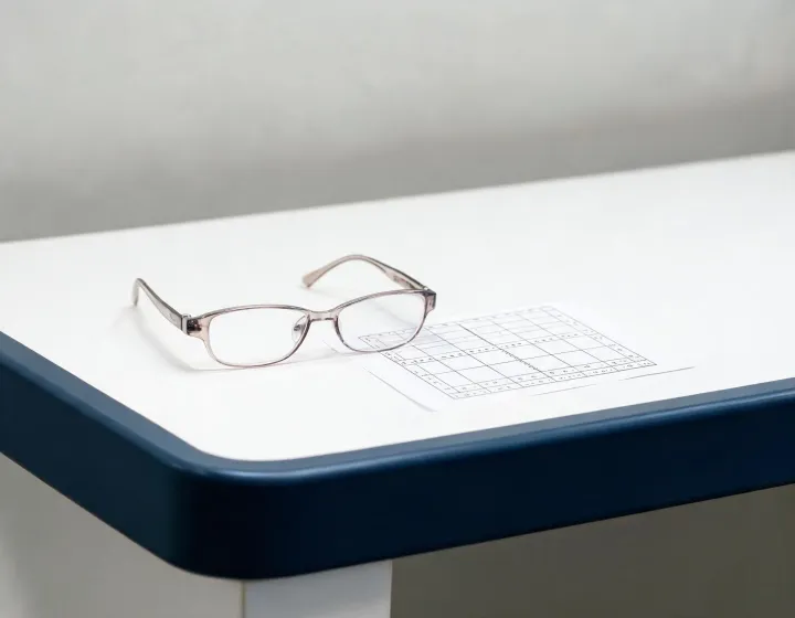 Women's computer reading glasses on an optical intake bench